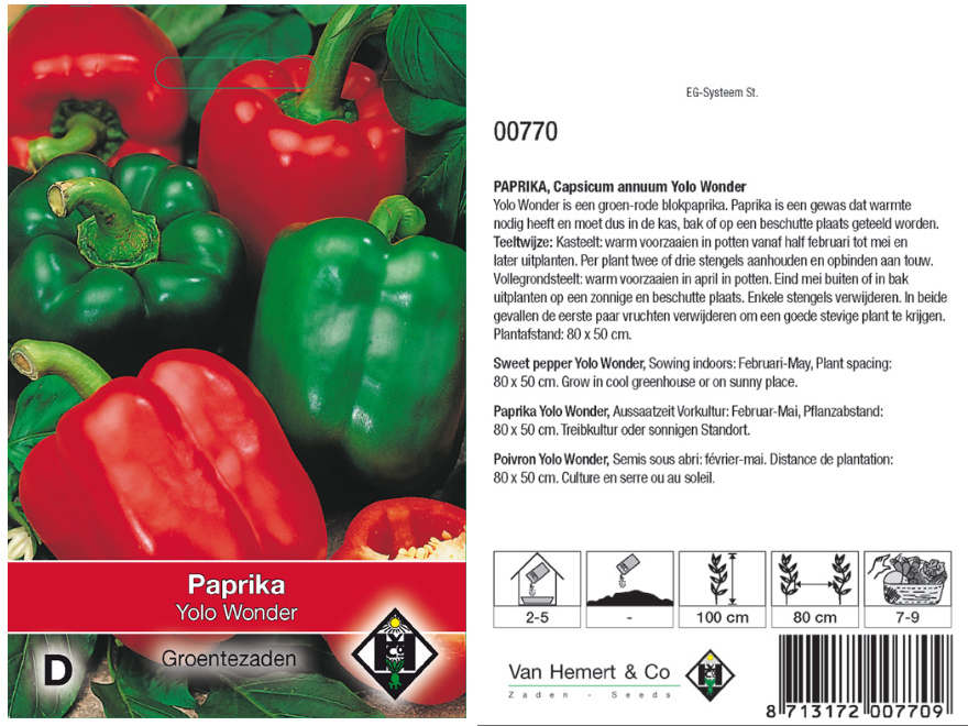 Capsicum annuum 'Yolo Wonder' Groen-rode blokpaprika