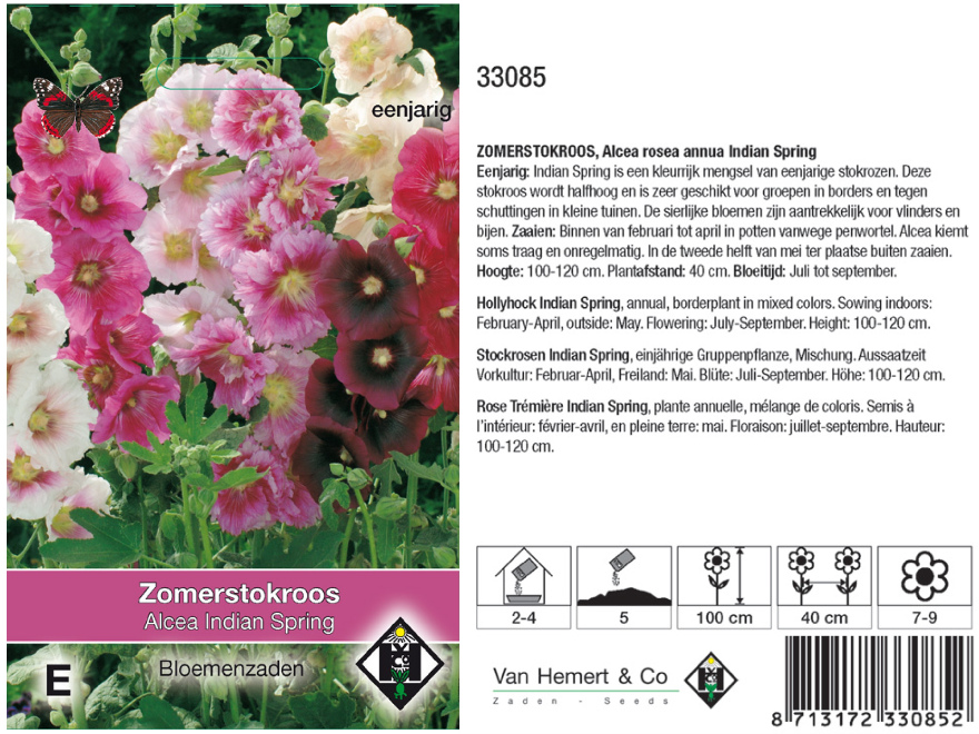 Alcea rosea annua 'Indian Spring' Diverse Kleuren Stokroos